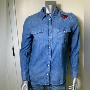 Levis Pearl Snap Women’s Shirt Denim Retro Western Long Sleeve Standard Sz Large